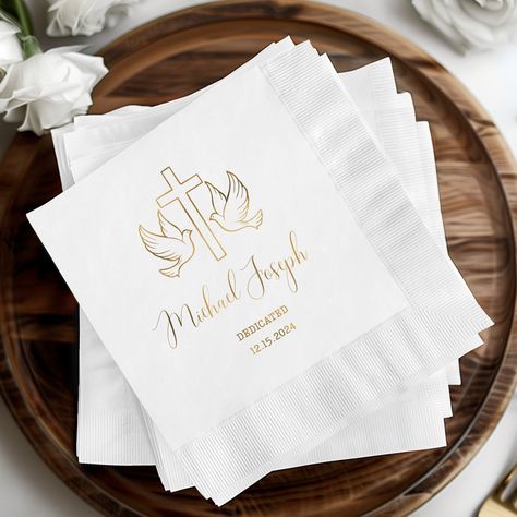 Personalized Napkins for Baptism Dedication Ceremony, Custom Foil Napkins, Luncheon and Beverage Party Napkins, Custom Event Napkin Baptism by Apogej on Etsy Dedication Ceremony, Custom Napkins, Personalized Napkins, Party Napkins, Memorable Moments, Gift Baskets, Napkins, Wedding Gifts, Special Occasion