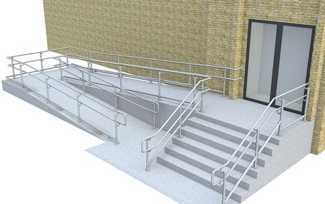 8. Top/Mid/Bottom ADA Railing - Ramp & Stairs Guardrail Design, Ramps Architecture, Outdoor Ramp, Ramp Stairs, Cantilever Stairs, Ramp Design, Building Stairs, Building Entrance, Wheelchair Ramp