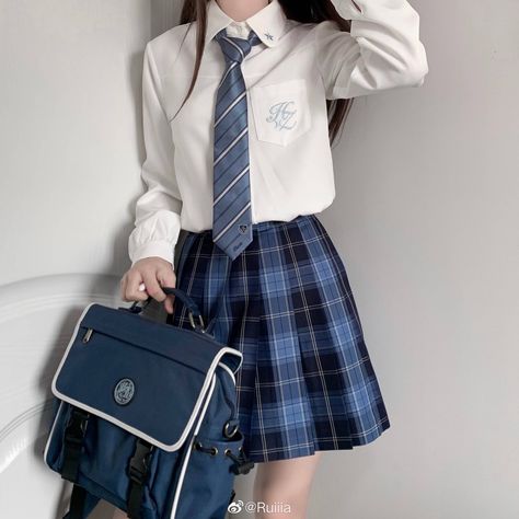 Blue Uniform Aesthetic, Blue School Uniform Aesthetic, Aesthetic Uniforms, Blue School Uniform, Blue Uniform, Outfit Korean Style, School Uniform Fashion, School Uniform Outfits, Kawaii Fashion Outfits