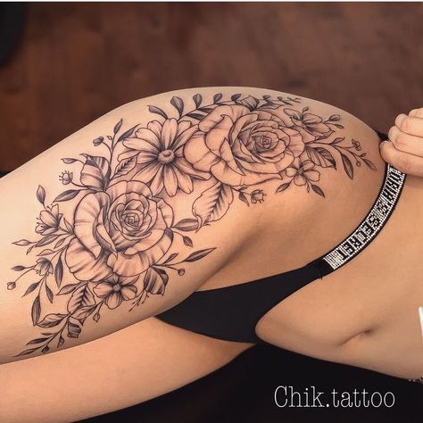 Thigh Piece Tattoos, Cute Thigh Tattoos, Girl Thigh Tattoos, Floral Thigh Tattoos, Flower Thigh Tattoos, Hip Thigh Tattoos, Hip Tattoos Women, Leg Tattoos Women, Thigh Tattoos Women