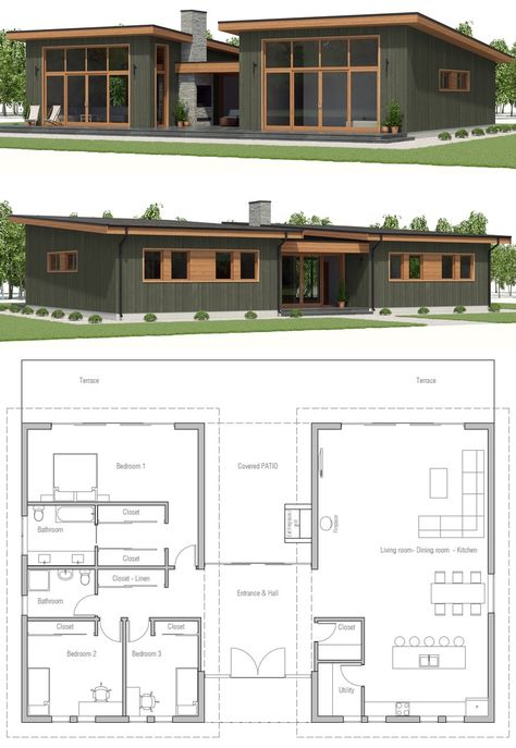 Passive House Floor Plans, Small Modern House Plans, Modern House Floor Plans, House Plans One Story, Small Modern Home, Small House Design Plans, Container House Plans, Modern Architecture House, Pole Barn Homes