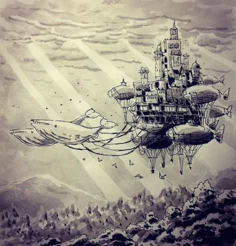 Kodama Tattoo, Floating City, Architecture Drawing Art, Ink Drawings, Cool Sketches, Ink Illustrations, Environment Concept Art, Sketchbook Art Inspiration, Fantasy Landscape