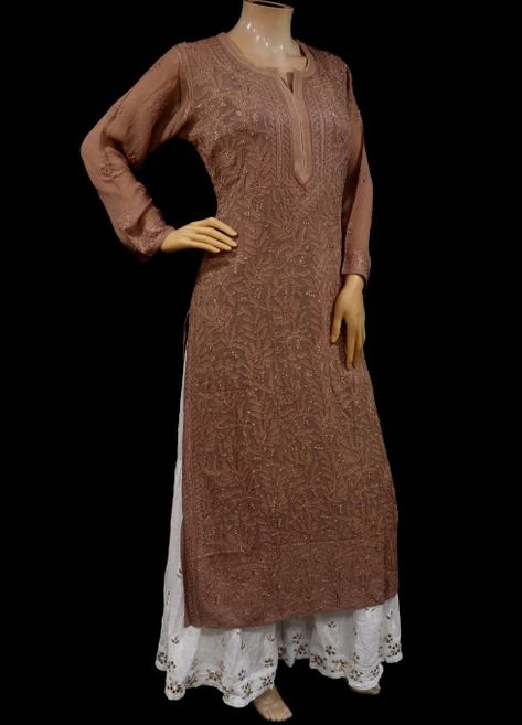 ISHIEQA's Brown Pure Georgette Chikankari Kurti  -RC0103E Brown Chikankari Kurta, Chikankari Kurti Designs Latest, Brown Kurti, Lakhnavi Dress, Suit Plazo, Jungle Birthday Cakes, Salwar Suit Neck Designs, White Kurti, Printed Kurti Designs