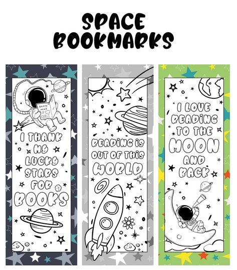 These space printable bookmarks are in black and white for children to be colored in. Simply print, cut and color, then get reading! #printablebookmarks #kidsreadingtips #bookmarksforkids #coloringbookmarks #kidsactivities #spaceactivities Space Bookmarks Free Printable, Book Mark Design Ideas Printable Bookmarks, Free Printable Bookmarks To Color, Bookmarks For Students, Space Coloring Sheet, Printable Bookmarks To Color, Coloring Bookmarks Free, Literacy Week, Bookmarks To Color