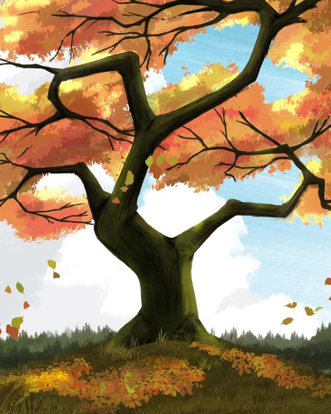 Our entry for #cspcontest41 theme on Seasons 🍂 Autumn is our favorite season, until we have to start raking the fallen leaves. Done in Clip Studio Paint @clipstudioofficial #autumn #fall #fallleaves #digitalillustration #tree #seasons #clipstudiopaint #digitalart #october Fall Trees Illustration, Tree Background Drawing, Tree Without Leaves, Tree Seasons, Leaves Drawing, Tree Background, Tree Tattoos, Fall Tree, Seasons Autumn