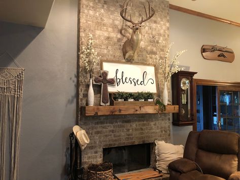 Deer Mount Fireplace, Mantle Decor With Deer Mount, Mantel Decorating Ideas With Deer Mount, Deer Mount Over Fireplace, Deer Mounts In Living Room Farmhouse, Deer Mounts In Living Room, Deer Living Room, Animal Mounts, Mantle Styling