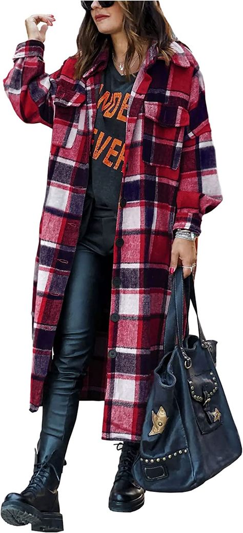 Ainangua Women's Casual Wool Blend Long Plaid Shirt Jacket Button Down Pocketed Shirt Shacket at Amazon Women’s Clothing store Stylish Winter Coats, Plaid Sleeve, Plaid Outfits, Flannel Jacket, Mini Robes, Plaid Coat, Loose Outfit, Long Sleeve Plaid, Long Shirt