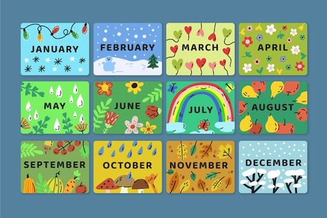 Free vector hand drawn months of the yea... | Free Vector #Freepik #freevector #months-year #label-collection #badge #bundle Months Of The Year Board Ideas, Months Of The Year Classroom Decoration, Months Of The Year Chart Ideas, Months Of The Year Printables Free Preschool, Months Of The Year Printables Free, Months Of The Year Poster, Teachers Illustration, Soft Board, Page Dividers