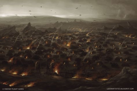 Orc War Camp by Emilio Camarena Army Camp Fantasy Art, Orc Army Art, Fantasy Camp Art, Orcs Dnd, Orc City, Orc Camp, Blood Crown, Dnd Scenery, Dnd Places