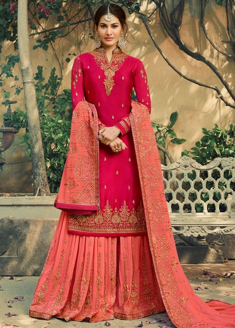 Glam Up your ethnic style with this Glamorous Collection of Sharara Style Suit featuring Embroidered Satin Georgette Top & Embroidered Pure Georgette Bottom with Matching Dupatta. Dark Pink Suits Women, Pink Suits Women Indian, Suits Women Indian, Pink Suits Women, Pink Suits, Indo Western Lehenga, Long Choli Lehenga, Western Lehenga, Lehenga Suit