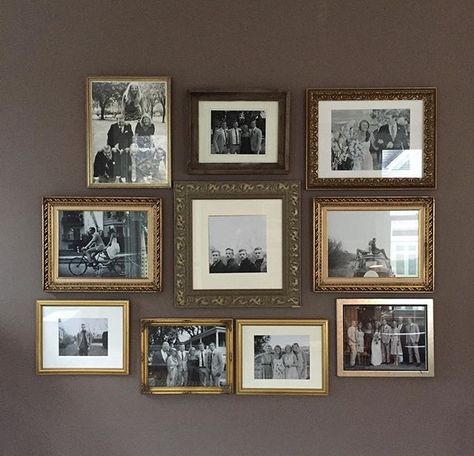 Wall Of Old Photos, Vintage Photo Display Wall, Old Picture Collage Ideas, Collected Family Photo Wall, Vintage Family Photo Gallery Wall, Framing Old Photos, Vintage Family Photos Display, Wedding Photos Hung In House, Framing Vintage Photos