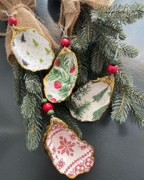 Hatteras Oyster Shell Ornaments with fun festive Christmas prints for this set! Thank you Brandi for your order!… | Instagram Driftwood And Oyster Shells, Oyster Shell Christmas Ornaments Diy, Oyster Shell Crafts Christmas, Oyster Shell Crafts Diy Ideas, Olive Shell Crafts, Christmas Oyster Shells, Oyster Christmas Ornament, Oyster Ornaments Diy, Oyster Shell Ornaments Diy