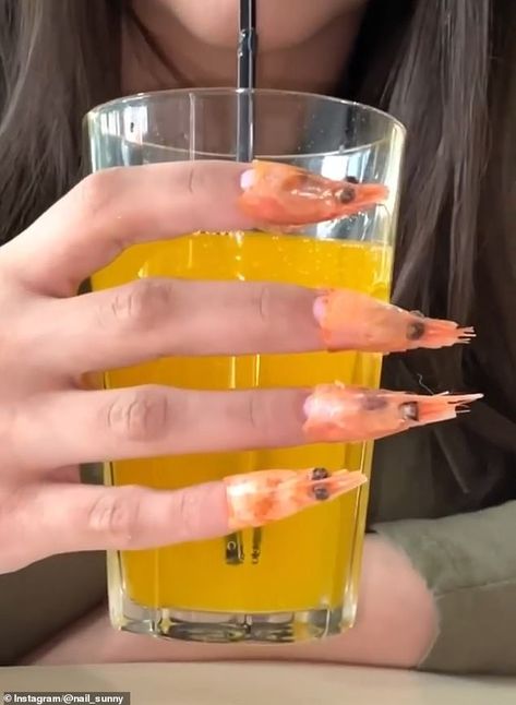 Russian nail salon slammed on social media for using DEAD SHRIMP in latest manicure design | Daily Mail Online Shrimp Nails, Gel Tips, Manicures Designs, Nail Shapes, Nail Salon, Beauty Trends, Instagram Followers, Press On Nails, Acrylic Nails