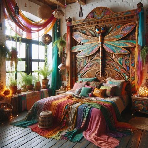 Rainbow Boho Bedroom, Bedroom Mural Ideas, Hippie Living Room Decor, Bedrooms Boho, Corner Bed, Scandinavian Home Decor, Boho Style Decor, Bohemian Furniture, Bedroom Ambiance