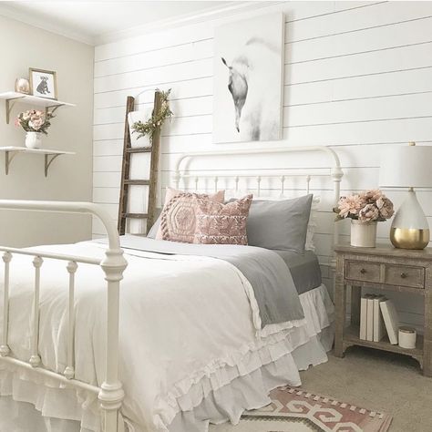 DIY Plank Wall (Faux Shiplap) Shiplap Bedroom, Diy Plank Wall, Farm Bedroom, Farmhouse Projects, Toddler Girl Room, Faux Shiplap, Guest Bedroom Decor, Plank Walls, White Bed