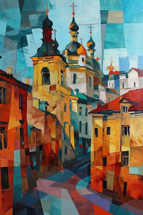 Expressionism Architecture, Abstract Geometric Painting, Labs Art, Abstract Portrait Painting, Abstract City, City Painting, Geometric Painting, Landscape Artwork, Cityscape Painting