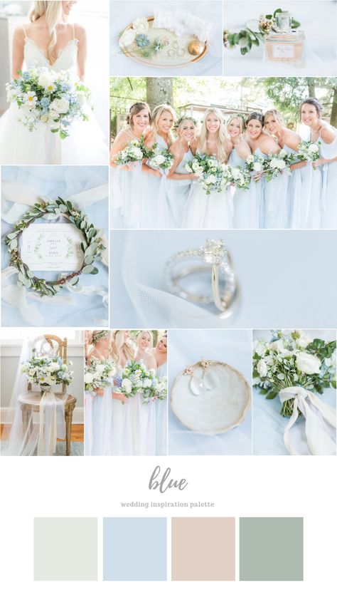 Sky Blue Wedding Color Schemes, Powder Blue Wedding Palette, Hydrangea Wedding Color Schemes, Blush Sage Blue Wedding, Seaglass Blue Wedding, Light Blue Pink And Green Wedding, Periwinkle And Green Wedding, Powder Blue Wedding Theme Color Schemes, Wedding Color Schemes Spring Blue