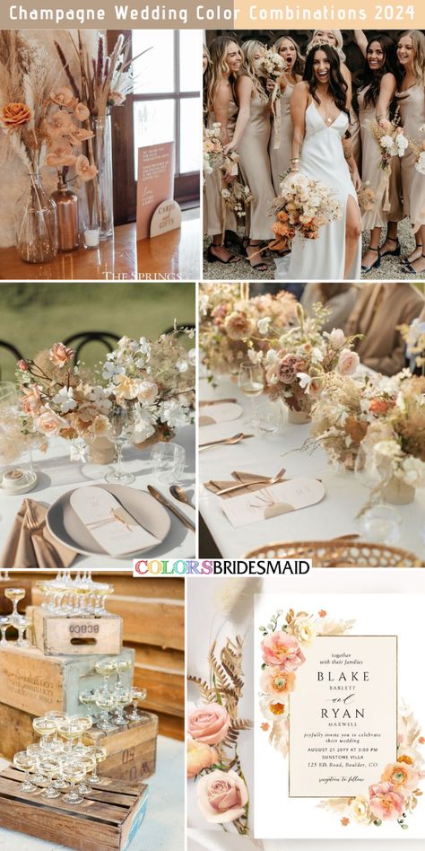 Champagne And Salmon Wedding, Champagne Wedding Theme Flowers, Champagne Color Theme Wedding, Champagne Flowers Wedding, Champagne And Cream Wedding Theme, Light Peach And Ivory Wedding Theme, Elegant Fall Wedding Colors, Champagne Wedding Theme Decor, Champagne And Copper Wedding