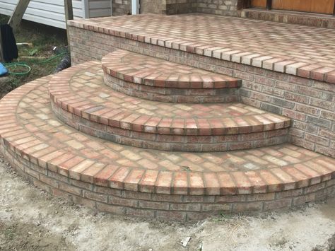 Semi Circle Brick Steps, Diy Brick Front Steps, Curved Brick Steps Front Porch Entrance, Brick Landing And Steps, Concrete Brick Steps, Reclaimed Brick Steps, Curved Brick Steps, Rounded Brick Steps, Brick Steps Front Porch Entrance