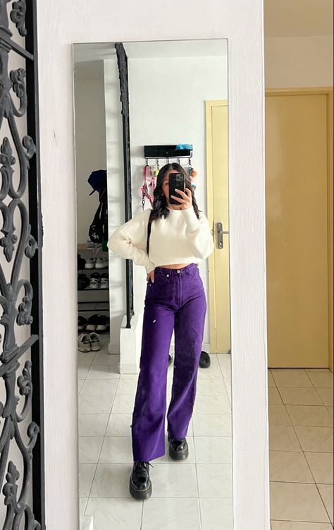 Purple Jeans Outfit Winter, Purple Dr Martens Outfit, Purple Denim Pants Outfit, Wide Leg Purple Pants Outfit, Purple Wide Leg Pants Outfit, Purple Sweater Outfit Winter, How To Style Purple Pants, Purple Trousers Outfit, Purple Jeans Outfit