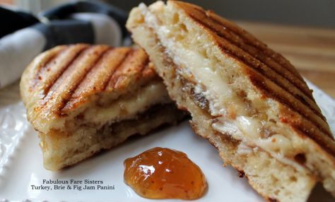 Turkey, Brie & Fig Jam Panini | recipe from Fabulous Fare Sisters Fig Jam Sandwich, Brie Fig Jam, Turkey Panini, Brie Sandwich, Fig Butter, Panini Recipe, Jam Sandwich, Fig Spread, Croissant Sandwich