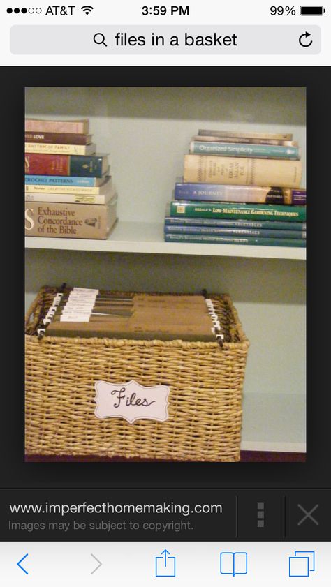 Files in a basket on my bookshelf? Ideas Para Organizar, File Holder, File Organiser, Office Makeover, File Organization, File Box, Home Organisation, Home Office Organization, Office Organization