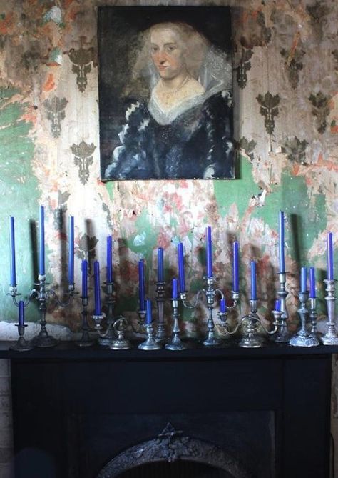 Blue Candlesticks, Rough Luxe, Ivy House, Blue Candles, New Wall, Of Wallpaper, Club House, Interior Inspiration, Alice In Wonderland