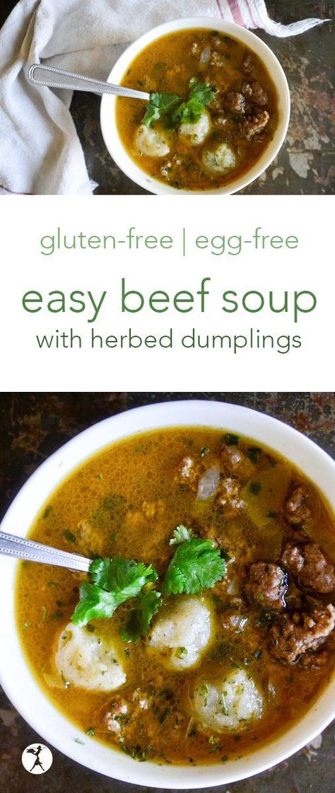 This easy beef soup is the perfect gluten-free comfort food for chilly days! It's full of comforting herbed dumplings and nourishing broth. #glutenfree #soup #eggfree #sugarfree #nourishing #beef #dumplings #herbs