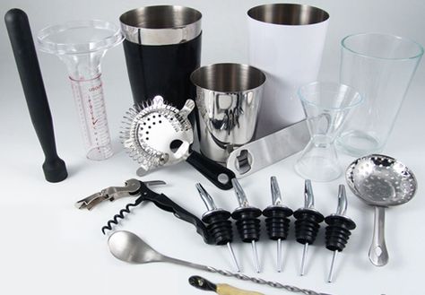 Bar Tools and Bartending Supplies that every Bartender NeedsBars and Bartending Bartending Tools, Bartending Kit, Wine Making Kits, American Cocktails, Hey Bartender, Tool Tattoo, Bartender Drinks, Bartender Tools, Home Bar Sets