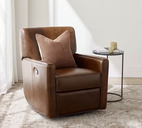 swivel recliner | Pottery Barn Leather Swivel Recliner, Swivel Recliner Chairs, Modern Recliner, Small Entryways, Swivel Recliner, Leather Recliner, Arm Chairs Living Room, The Chair, Upholstered Arm Chair