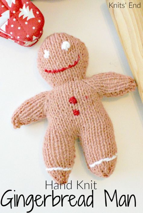 Hand knit a gingerbread man -- super easy pattern! Knitted Ornaments, Halloween Handout, Gingerbread Man Pattern, Christmas Knitting Projects, Knitted Stuffed Animals, Teacher Gift Baskets, Winter Holiday Crafts, Homemade Holiday, Yarn Stash