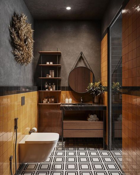 Our upcoming project, highlighting a contemporary bathroom design in a palette of yellow, black, and grey. Practical storage solutions… | Instagram Contemporary Bathroom Design, Yellow Bathroom, Contemporary Bathroom Designs, Yellow Bathrooms, Practical Storage, Contemporary Bathroom, Modern Bathroom Design, Round Mirrors, Touch Of Modern