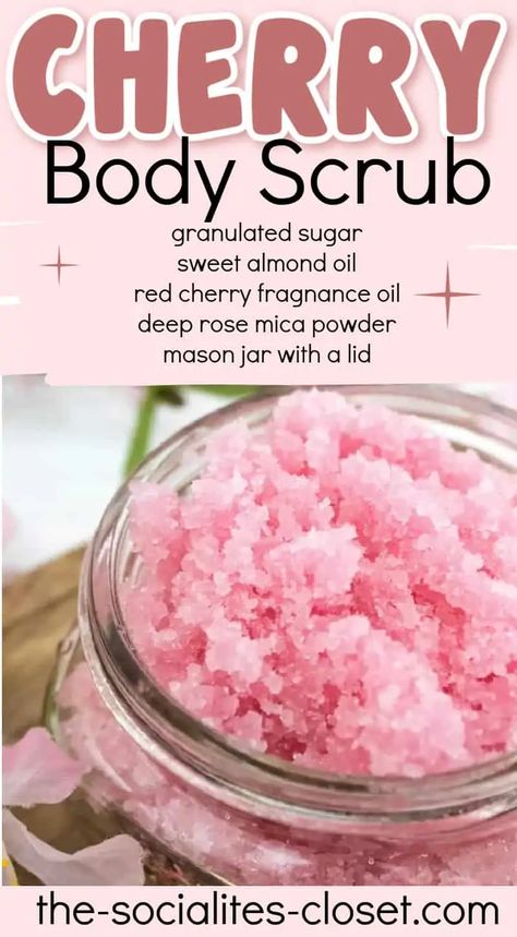 This cherry body scrub smells amazing! Make this cherry sugar scrub today and pamper your skin with this gentle body scrub. Diy Body Scrub Christmas Gift, Sugar Scrubs Recipes, Body Scrubs Homemade, Body Scrubs Recipes, Homemade Sugar Scrub Recipes, Sugar Body Scrub Diy, Easy Diy Body Scrub, Body Scrub Homemade Recipes, Homemade Scrubs