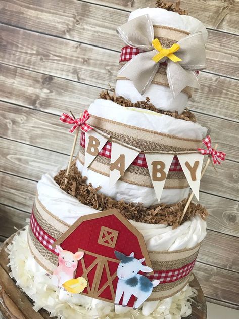 Farm themed diaper cake Cake Farm, Boy Shower Themes, Moldes Para Baby Shower, Farm Baby Shower, Cowboy Baby Shower, Cowboy Baby, Baby Shower Bbq, Trendy Baby Shower Ideas, Farm Baby