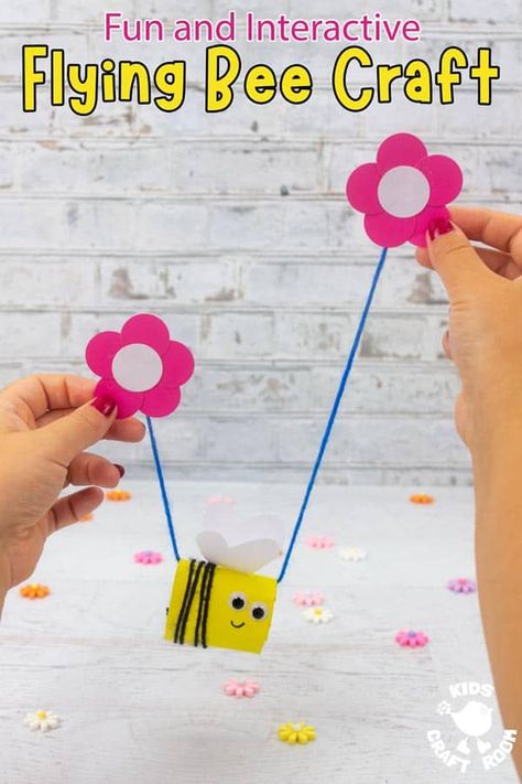 This Cardboard Tube Flying Bee craft is so fun! Hold a flower in each hand and watch the bee buzz along the string from flower to flower! A lovely spring insect craft for kids. #kidscraftroom #kidscrafts #beecrafts #cardboardtubecrafts #springcrafts #insectcrafts Flower Activities For Kids, Insect Craft, Cardboard Tube Crafts, Preschool Creative Art, Bumble Bee Craft, Flying Bee, Bee Craft, Bee Crafts For Kids, Bee Activities