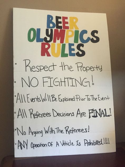 Have a visual reminder for participants                                                                                                                                                                                 More Beer Olympics Rules, Beer Olympics Party Decorations, Beer Olympics Birthday Party, Beer Olympics Decor, Beer Olympics Decorations, Bar Games For Customers, Beer Olympics Games Ideas, Drinking Olympics Games, Drunk Olympics Games