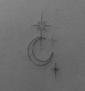 Moon And Stars Tattoo Ribs, Moon With Sparkles Tattoo, Moon And Stars Tattoo Small Simple, Celestial Ocean Tattoo, Fine Line Moon And Stars Tattoo, Moon Tattoo With Clouds, Fineline Hip Tattoo, Pretty Moon Tattoos, Crescent Moon Tattoo With Stars