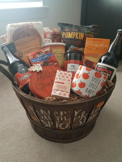 Pumpkin Spice silent auction basket Pumpkin Spice Basket, Turkey Basket Ideas, Fall Raffle Basket Ideas, Fundraising Baskets, Spice Basket, Fall Basket Ideas, Basket 2023, Silent Auction Gift Basket Ideas, Fundraiser Prizes