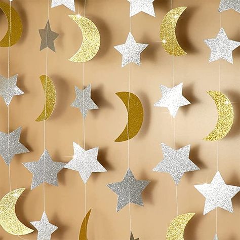 Moon Decorations, Glitter Falling, Prince Baby Shower Decorations, Diy Eid Decorations, Moon Stars Baby Shower, Decoraciones Ramadan, Paper Garlands, Star Birthday Party, Stars Gold