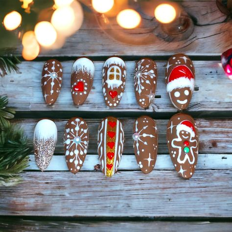 This must be the perfect press on nail set for anyone who loves gingerbread and Christmas 🥰  This nail design is guaranteed to sparkle and shine along with your Christmas sweater✨ This press on nail set is hand painted, reusable, collectable, and full of Christmas spirit, sparkle and joy🎄🤗 Shape: Almond Size: Medium (M) *Please see our press on nail sizing chart in our picture section on how to size your natural nails and make sure that this set will fit you before you order. This package includes everything you need to ensure you can quickly get a salon quality manicure at home.   Included in the package: *1 x set (10 pcs) of press-on nails with hand painted design *1 x nail file *1 x orange stick *2 x sets (24 pcs) of adhesive tabs *2 x cleanser wipes (Bluesky) ⚠1 x nail glue (Makartt Ginger Bread Nail Designs, Gingerbread Nail Designs, Gingerbread House Nails, Gingerbread Man Nails, Nails Gingerbread, Gingerbread Nails, Man Nails, Christmas Press On Nails, Stilleto Nails Designs