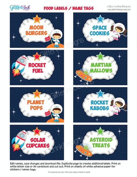 Outer space party food tent cards / Space party labels / | Etsy Outer Space Party Food, Space Party Food Ideas, Space Birthday Party Food, Space Party Food, Candy Jar Labels, Astronaut Baby, Planet Party, Space Candy, Rocket Party