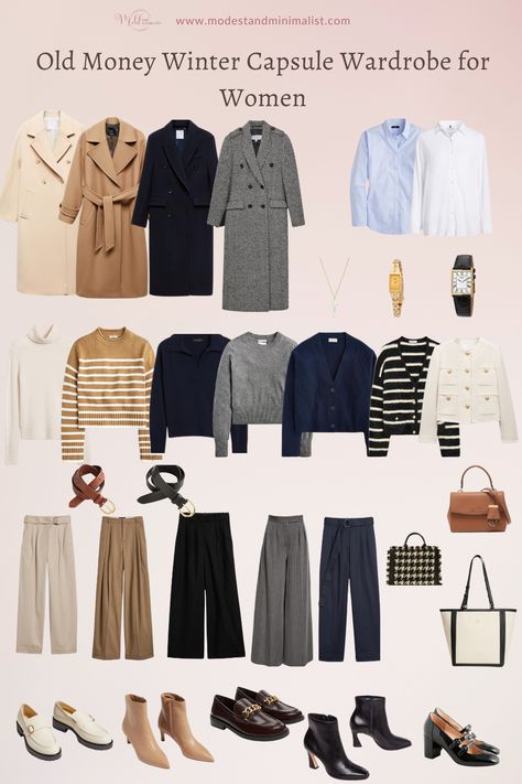 Old Money Aesthetic Capsule Wardrobe, Capsule Wardrobe Old Money Style, Basic Old Money Outfits, Preppy Modest Outfits, Old Money Wardrobe Essentials, Basic Outfits Winter, Old Money Capsule Wardrobe, Old Money Wardrobe, Old Money Winter