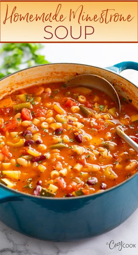 minestrone soup with pasta, beans, and vegetables.