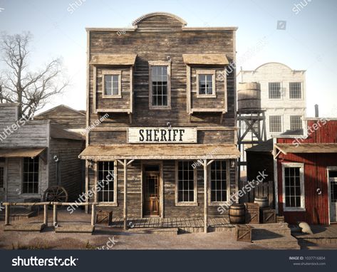 Rustic western town sheriff's office. 3d rendering. Part of a western town series Western Cafe, Old West Saloon, Old Western Towns, Old West Town, Western Saloon, Old Western, Town Building, Wild West Cowboys, West Town