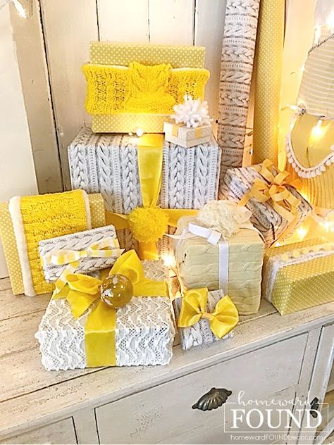 Christmas gift wrapping, gift wrapping, giftwrap, Christmas gifts, sweater weather, sweater theme holiday decor December Decor, Yellow Christmas, Sweater Print, Shiny Brite Ornaments, Home Decor Blog, Pumpkin Party, Sweater Season, My Gift, Create Decor