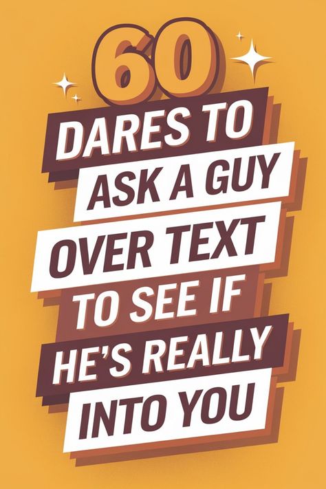 Discover the ultimate list of 60 dares to ask a guy over text to find out if he's truly interested in you. These fun and flirty questions will help you gauge his intentions and feelings towards you. From playful challenges to thought-provoking tasks, these dares will add excitement and spark engaging conversations with your crush or partner. Online Dare Questions, Question To Ask Your Crush Flirty, How To Ask A Man Out On A Date, Questions To Ask Guys Over Text, Questions To Ask A Guy You Like, Loyalty Test Questions For Boyfriend, Flirty Questions To Ask A Guy Over Text, Questions To Ask A Guy Over Text, Truth Or Dare Questions Over Text