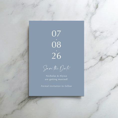 "Save the Date. Size options: UK A7 (74 x 105 mm) UK A6 (105 x 148 mm) 5x7\" Any size is possible! Matching invitation design: https://www.etsy.com/uk/listing/1283145368/wedding-invitation-tonal-dusky-blue ♥♥ IF YOU WOULD LIKE A SAMPLE ♥♥ Purchase a non-personalised sample from the top of the drop down menu & we will pop it in the post for you. These usually take a few days to be delivered within the UK. Overseas sample orders are sent using non-tracked airmail which takes about 5-10 days to Eur Blue Save The Date, Flower Text, Baby Blue Weddings, Blue Invitation, Dusky Blue, Dusty Blue Weddings, Luxury Card, Save The Date Magnets, Evening Wedding