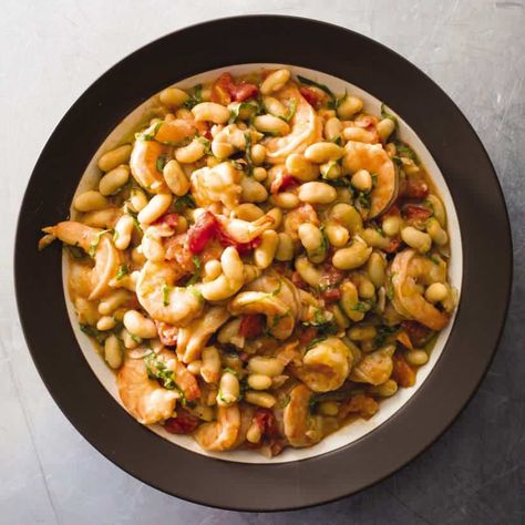 Tuscan Shrimp and Beans | America's Test Kitchen Shrimp And Beans, Test Kitchen Recipes, Tuscan Shrimp, Garlicky Shrimp, America's Test Kitchen Recipes, Bean Stew, Canned Beans, Cooks Illustrated, America's Test Kitchen