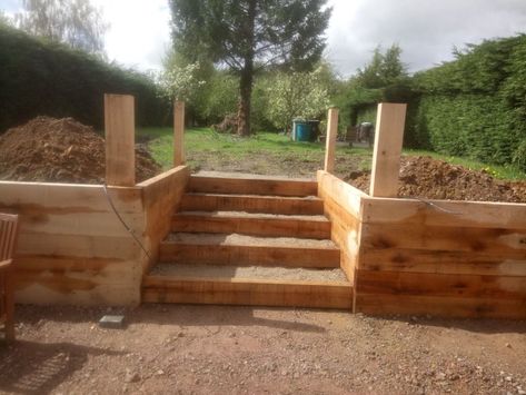 Garden With Railway Sleepers, Sleeper Walls Retaining, Oak Sleeper Retaining Wall, Sleeper Steps Garden, Railway Sleepers Garden Ideas, Sleeper Steps, Railway Sleepers Garden, Sleeper Retaining Wall, Sleepers In Garden