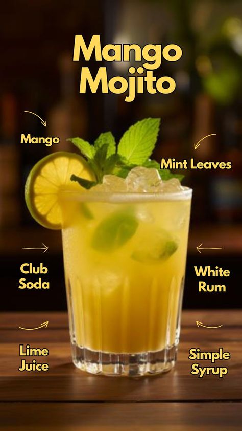 Savor the tropical twist of a Mango Mojito, blending sweet mango, fresh mint, and rum for a refreshing, vibrant cocktail that delights with every sip. #MangoMojito Mango Mojito Recipe, Mojito Drinks, Mango Drink, Fruity Alcohol Drinks, Pineapple Mojito, Mango Cocktail, Mango Rum, Happy Juice, Mango Mango